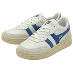 A pair of white Gola sneakers with blue stripes and beige soles, angled together.