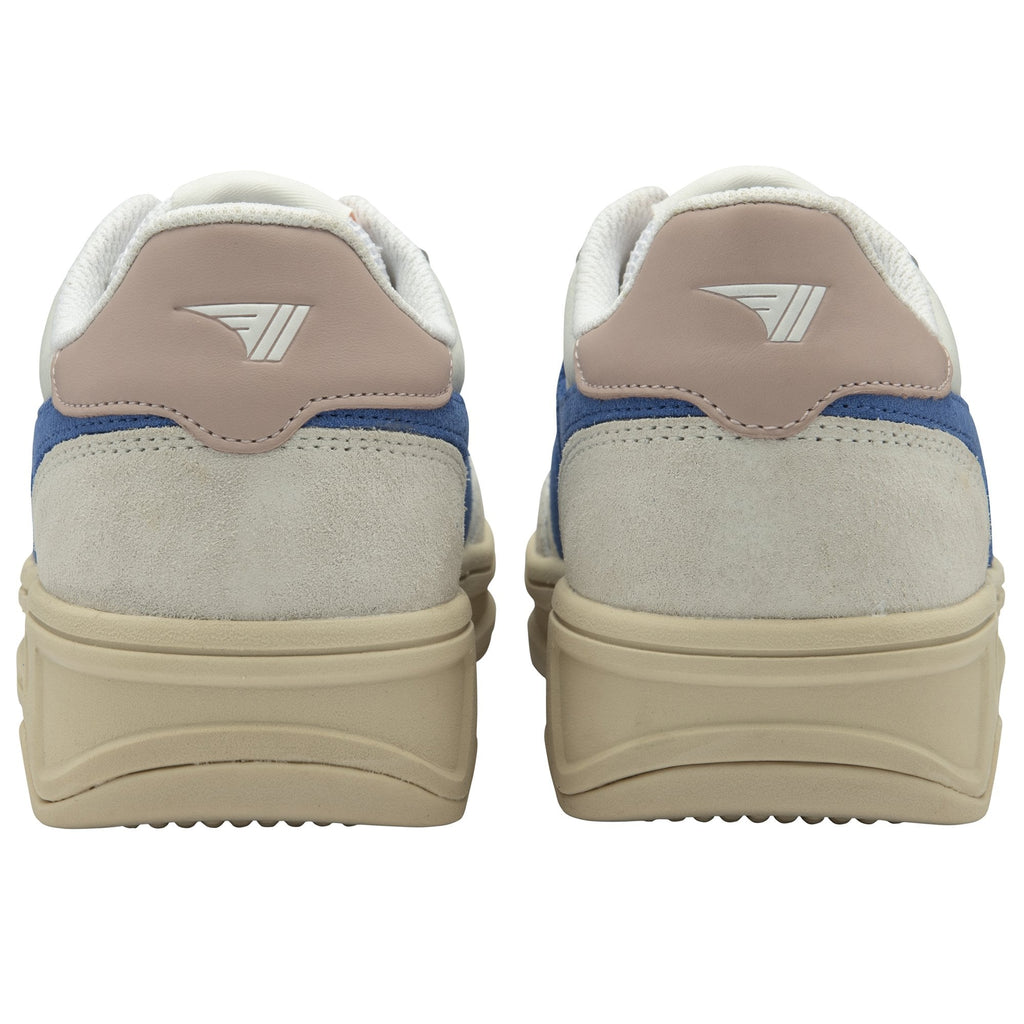 Rear view of two sneakers. They are light grey suede with blue accents and a tan sole