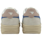 Rear view of two sneakers. They are light grey suede with blue accents and a tan sole