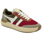 A single Gola men's sneaker in red, green, and white, with a gold accent on the heel.