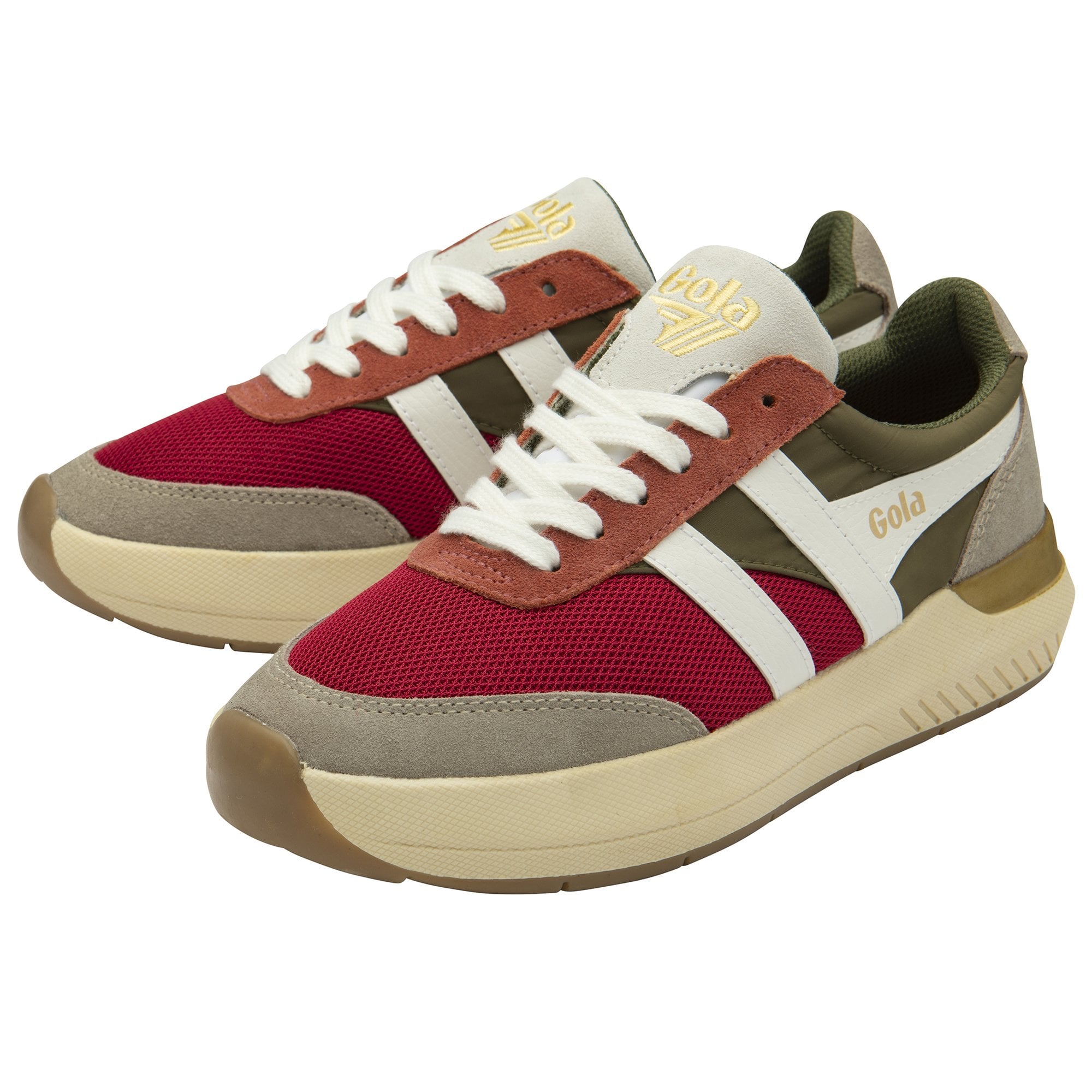 A pair of Gola men's sneakers in red, green, and white, with a gold accent on the heel.