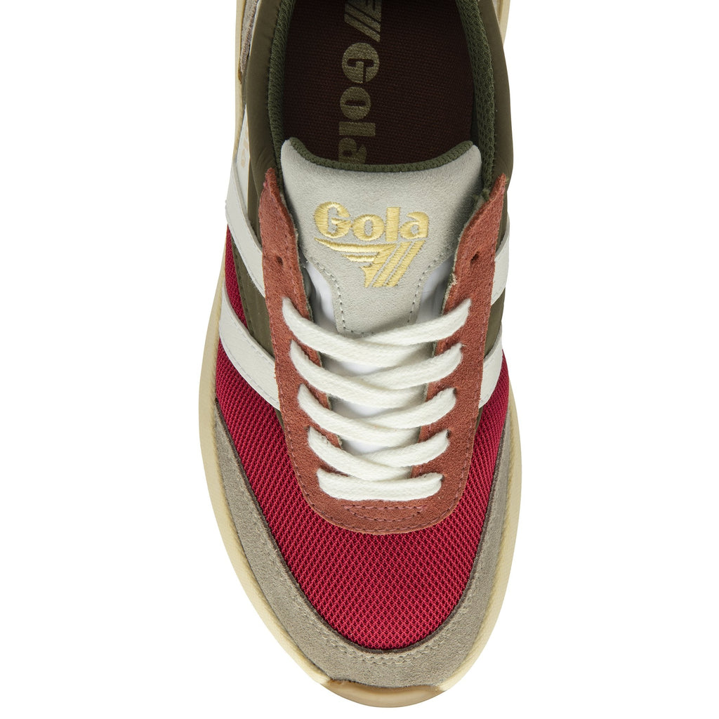 Top-down view of a single Gola men's sneaker, showcasing the red, green, and white design.