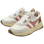 A pair of white, pink, and green women's sneakers.