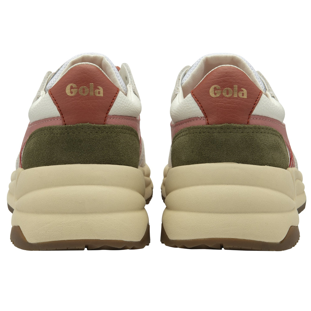 The back of a pair of white, pink, and green women's sneakers.