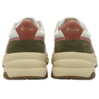 The back of a pair of white, pink, and green women's sneakers.