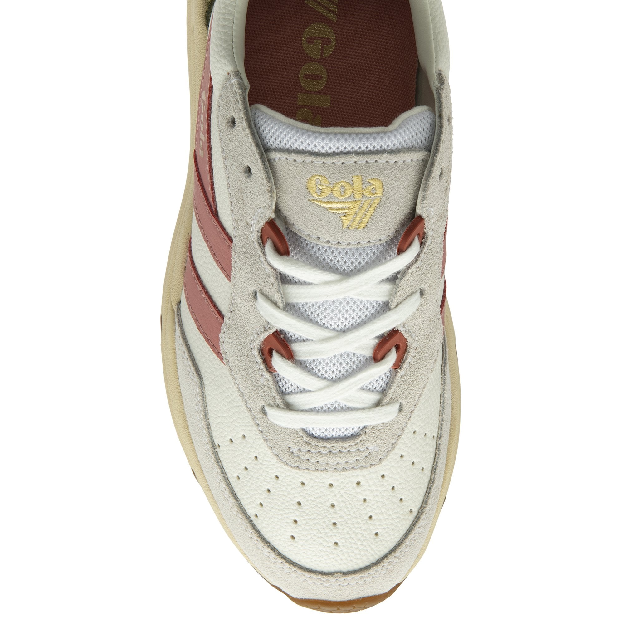 The top-down view of a single white, pink, and green women's sneaker.
