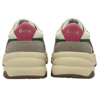The back view of a pair of white Gola sneakers with pink heel tabs.