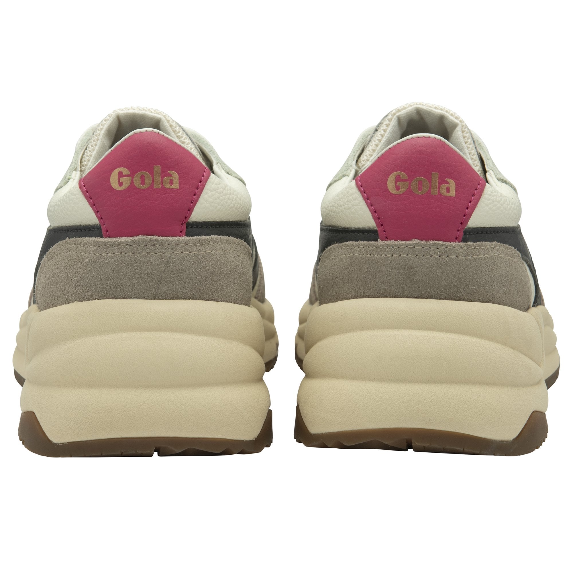 The back view of a pair of white Gola sneakers with pink heel tabs.
