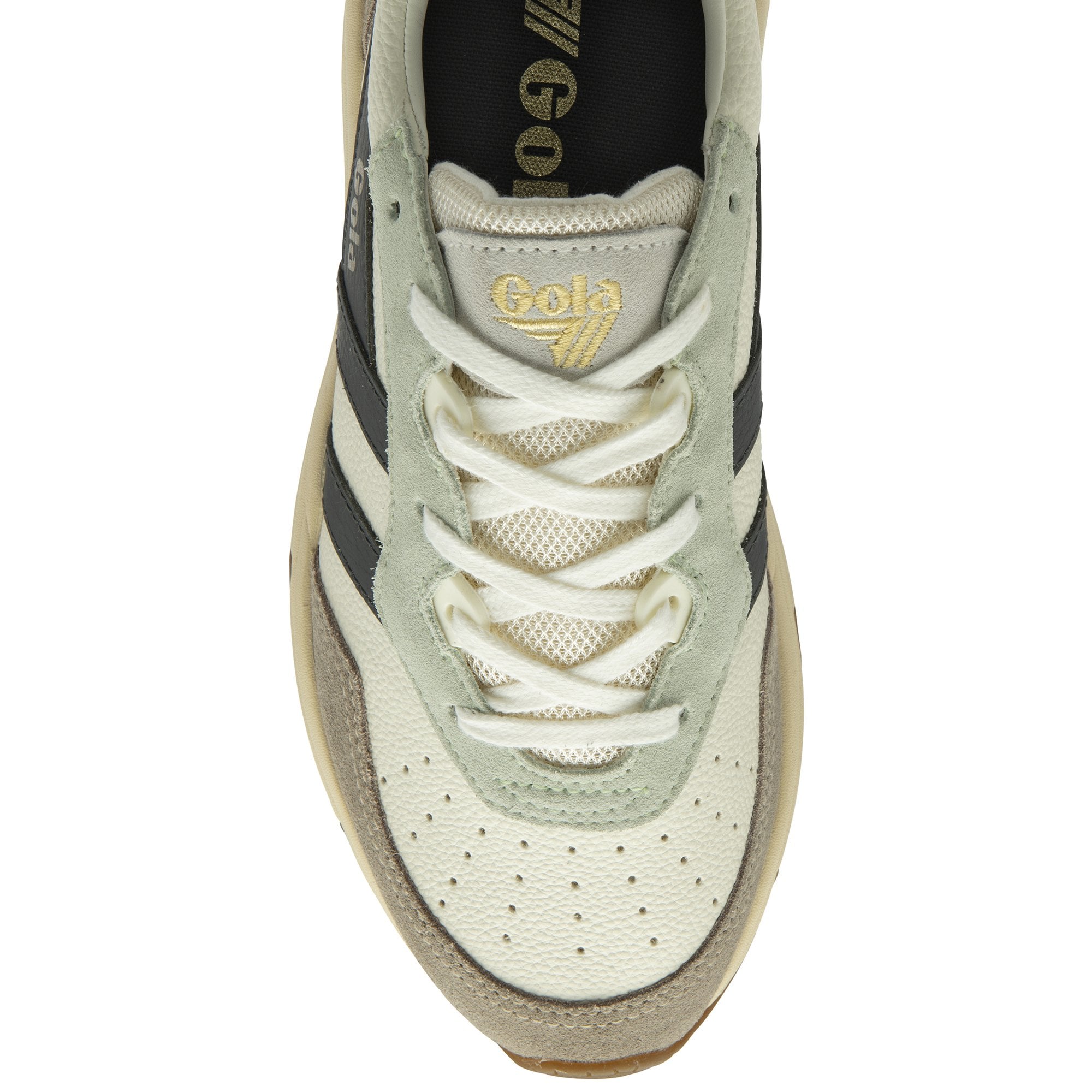 The top-down view of a single white Gola sneaker with black stripes and laces.