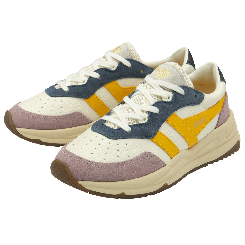 A pair of Gola women's trainers, in white, purple, yellow, and blue, with chunky soles.