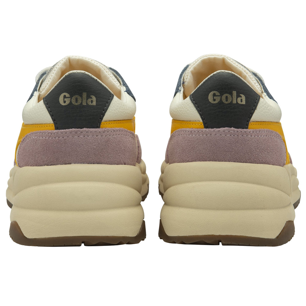 The back of a pair of Gola women's trainers, in white, purple, yellow, and blue.