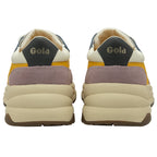 The back of a pair of Gola women's trainers, in white, purple, yellow, and blue.