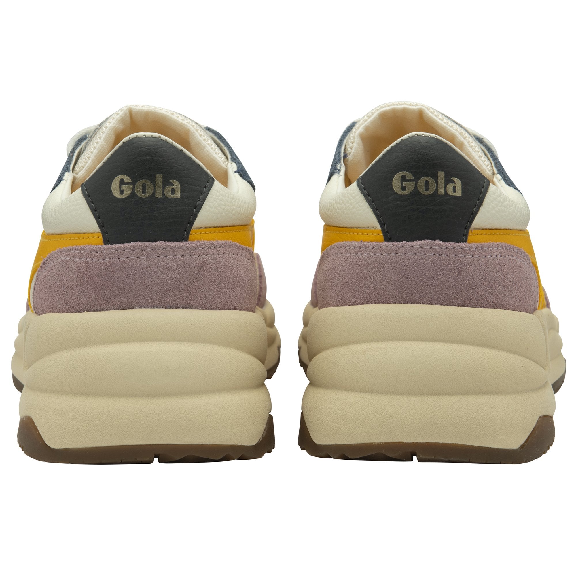 The back of a pair of Gola women's trainers, in white, purple, yellow, and blue.