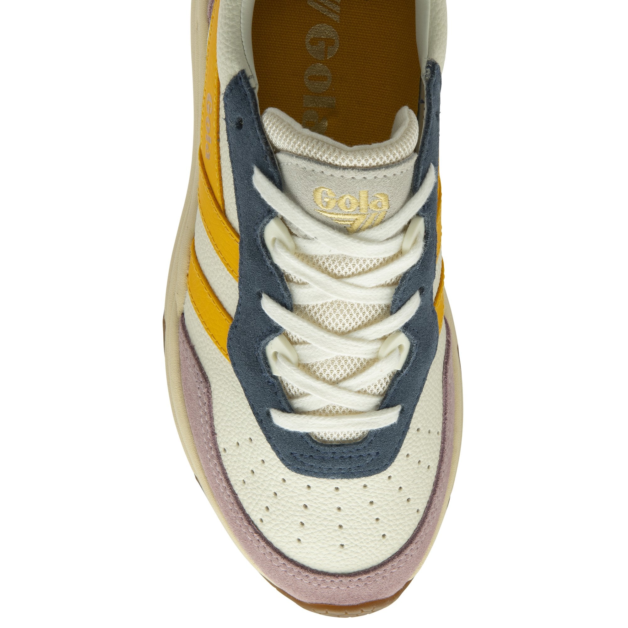 The top of a Gola women's trainer, in white, purple, yellow, and blue.