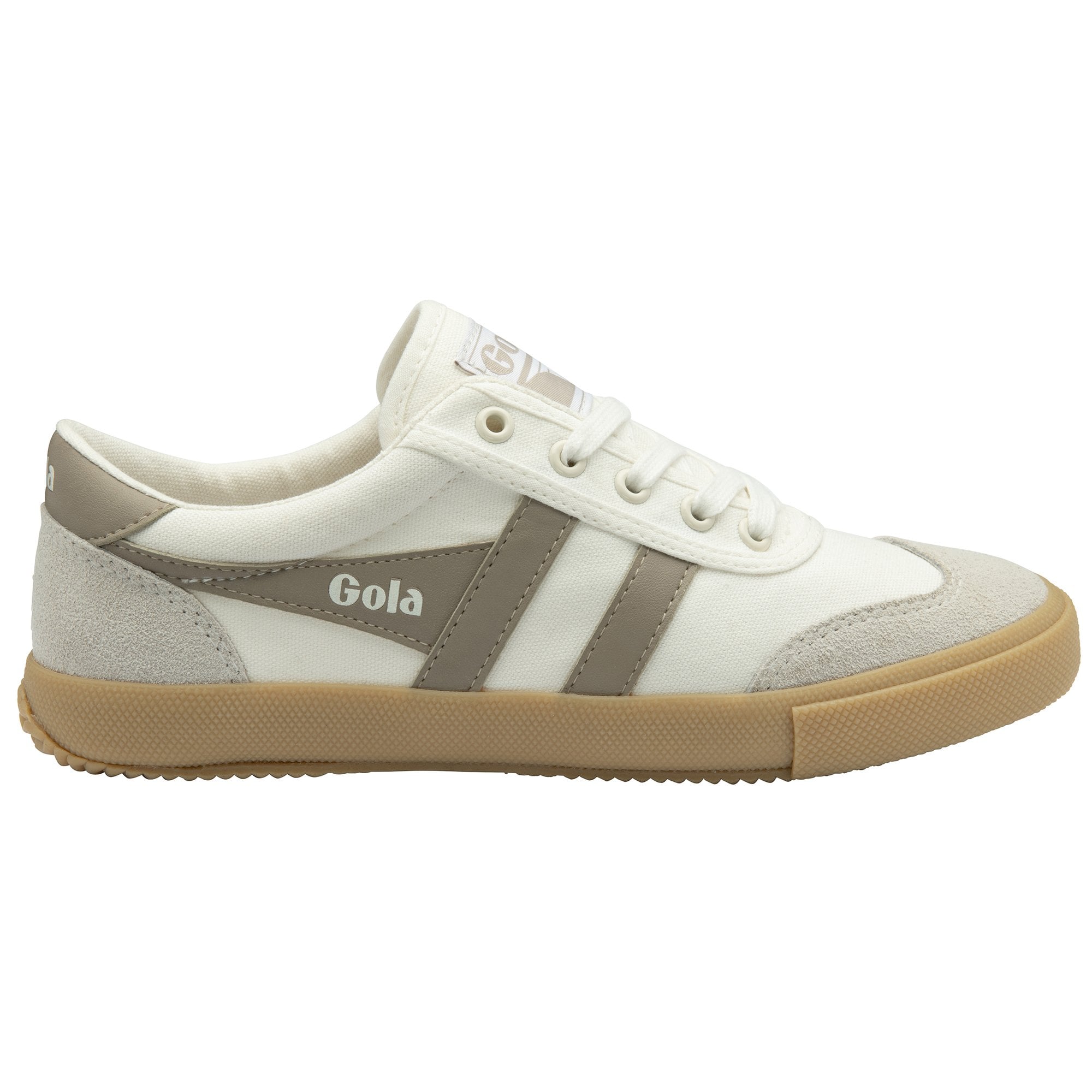 A single Gola white and gray sneaker with a brown sole, shown from a side angle.
