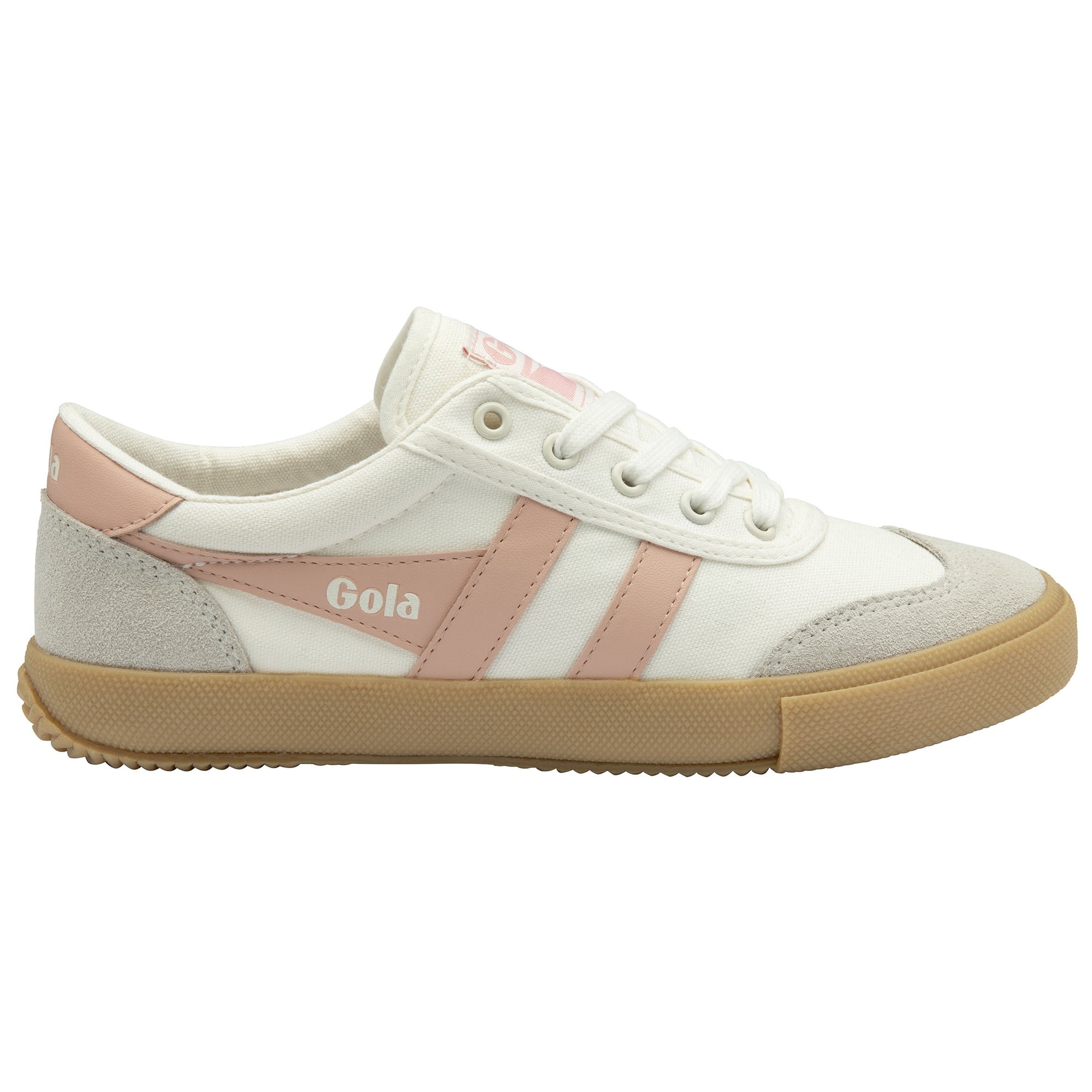 A single white and pink Gola sneaker with a gum sole, viewed from the side.