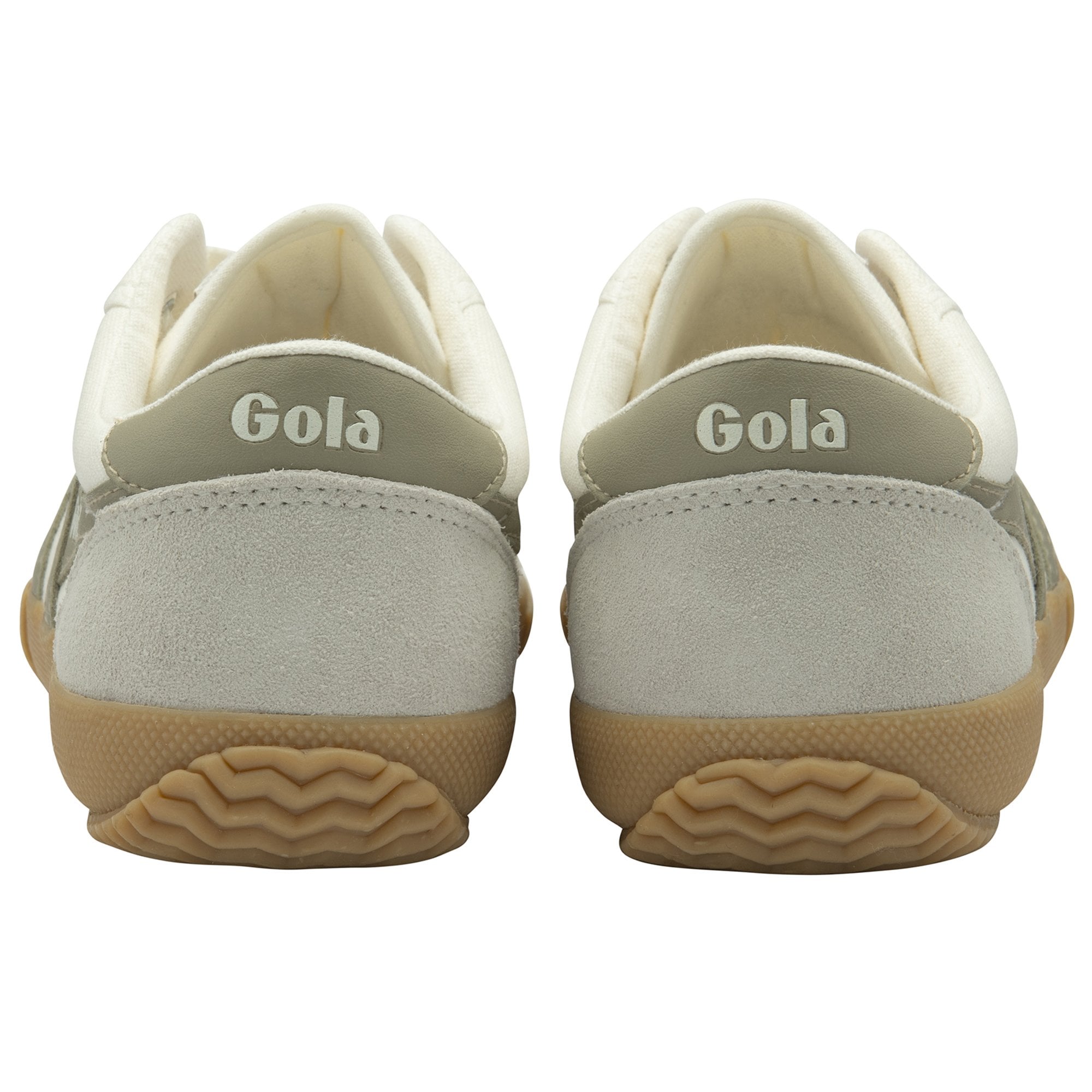 The back view of a pair of Gola white and gray sneakers with brown soles.