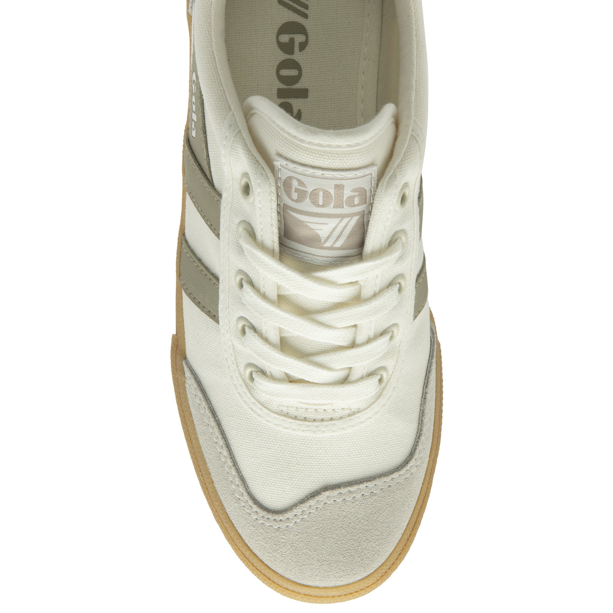 A top-down view of a single Gola white and gray sneaker.