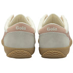 The back view of a pair of white and pink Gola sneakers with 'Gola' on the heels.