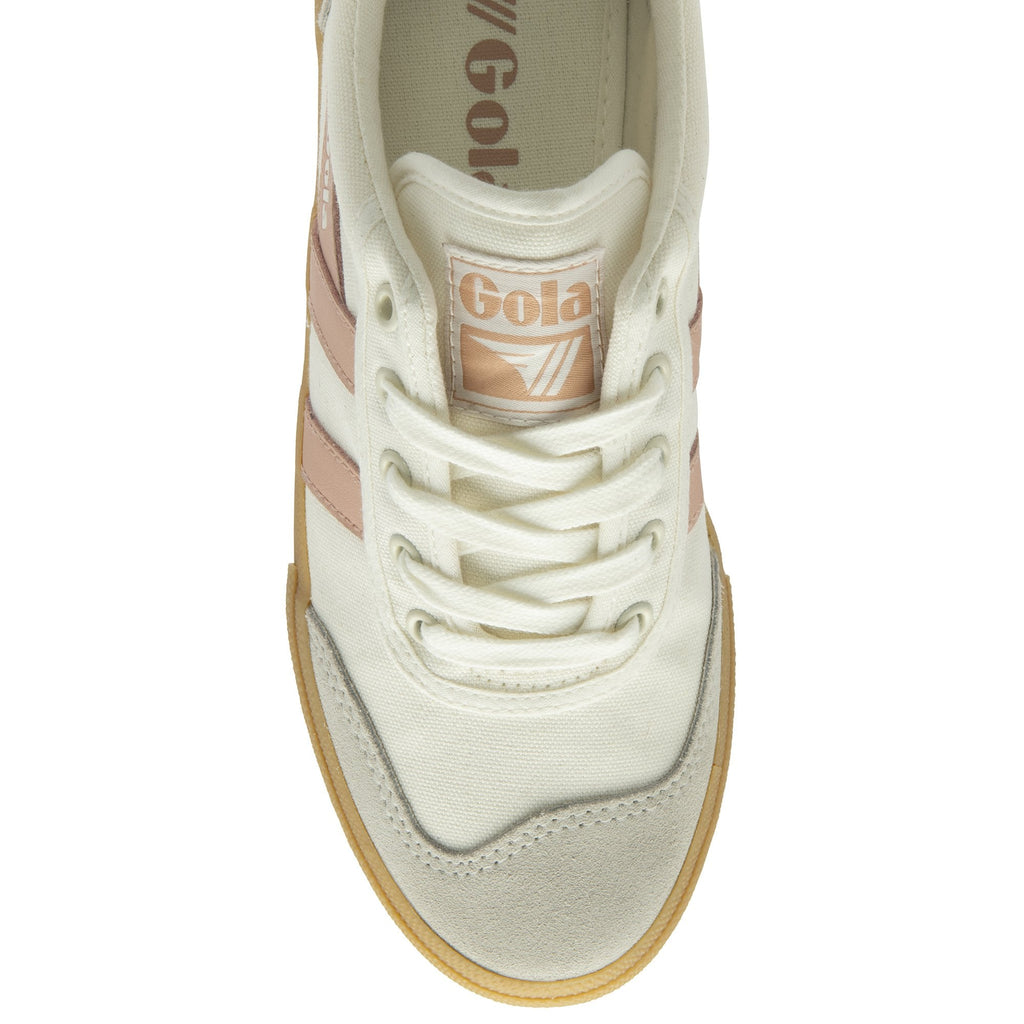 The top-down view of a single white and pink Gola sneaker with laces and a gum sole.