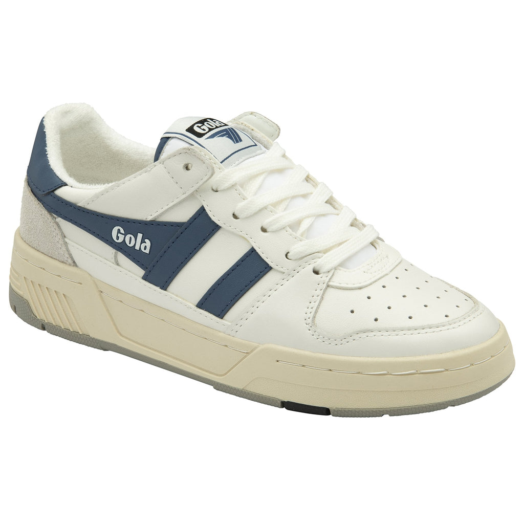 A white and blue Gola sneaker, side angle.