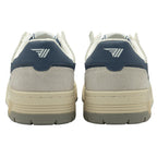 The back of a pair of white and blue Gola sneakers.