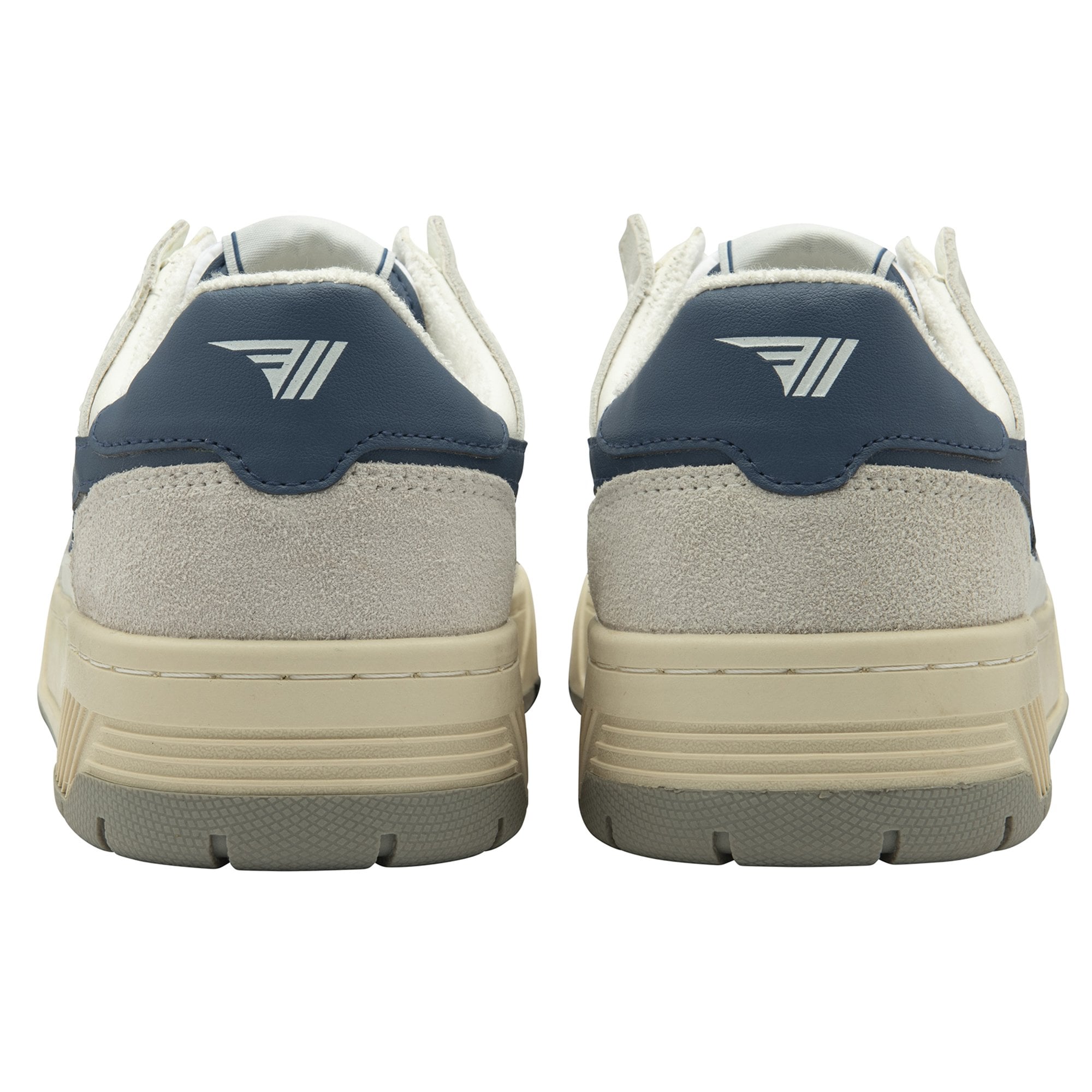 The back of a pair of white and blue Gola sneakers.