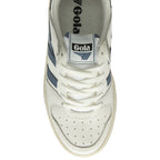 The top of a white and blue Gola sneaker.