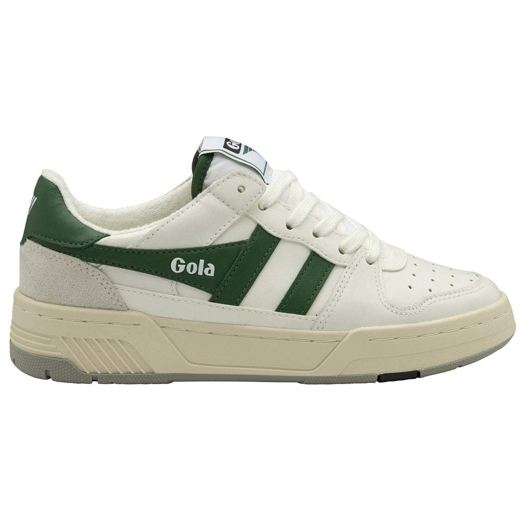 A single white and green Gola sneaker with the Gola logo visible on the side.