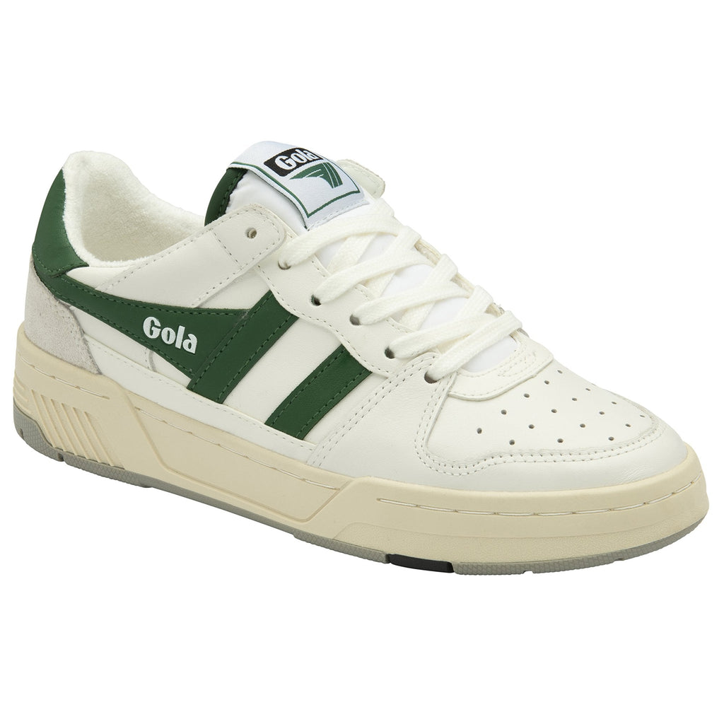 A white and green Gola sneaker with the Gola logo on the side and tongue.
