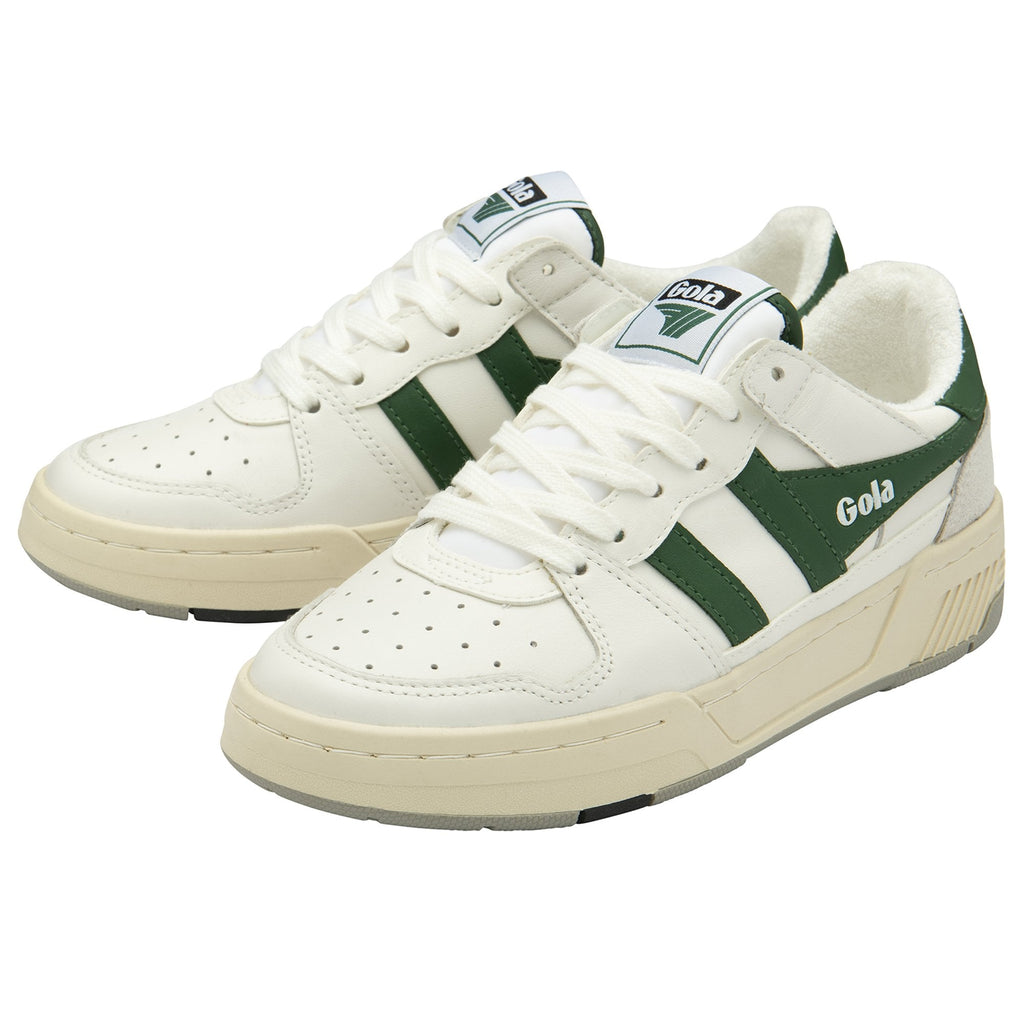 A pair of white and green Gola sneakers with the Gola logo visible on both shoes.