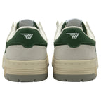 The back view of two white and green Gola sneakers, showing the heel logos.