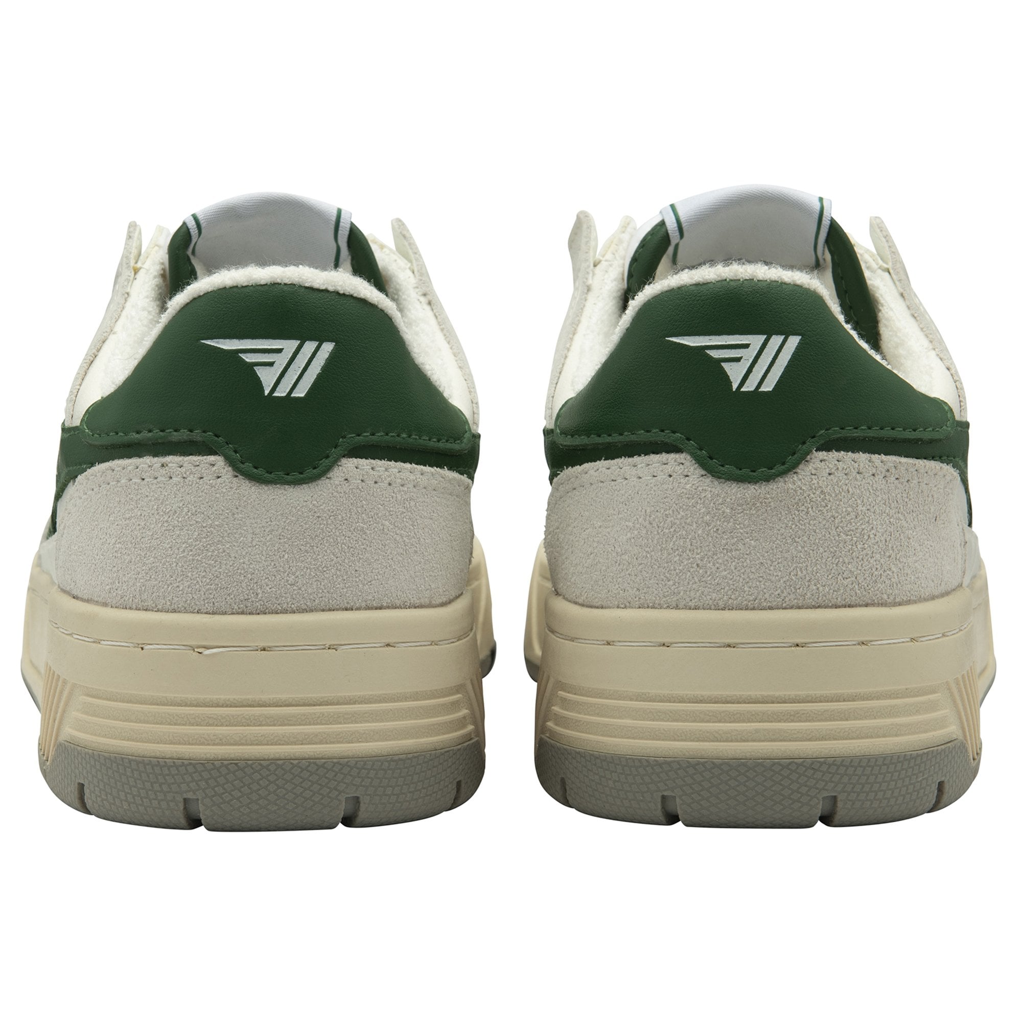 The back view of two white and green Gola sneakers, showing the heel logos.