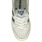 A top-down view of a white and green Gola sneaker, highlighting the laces and tongue.