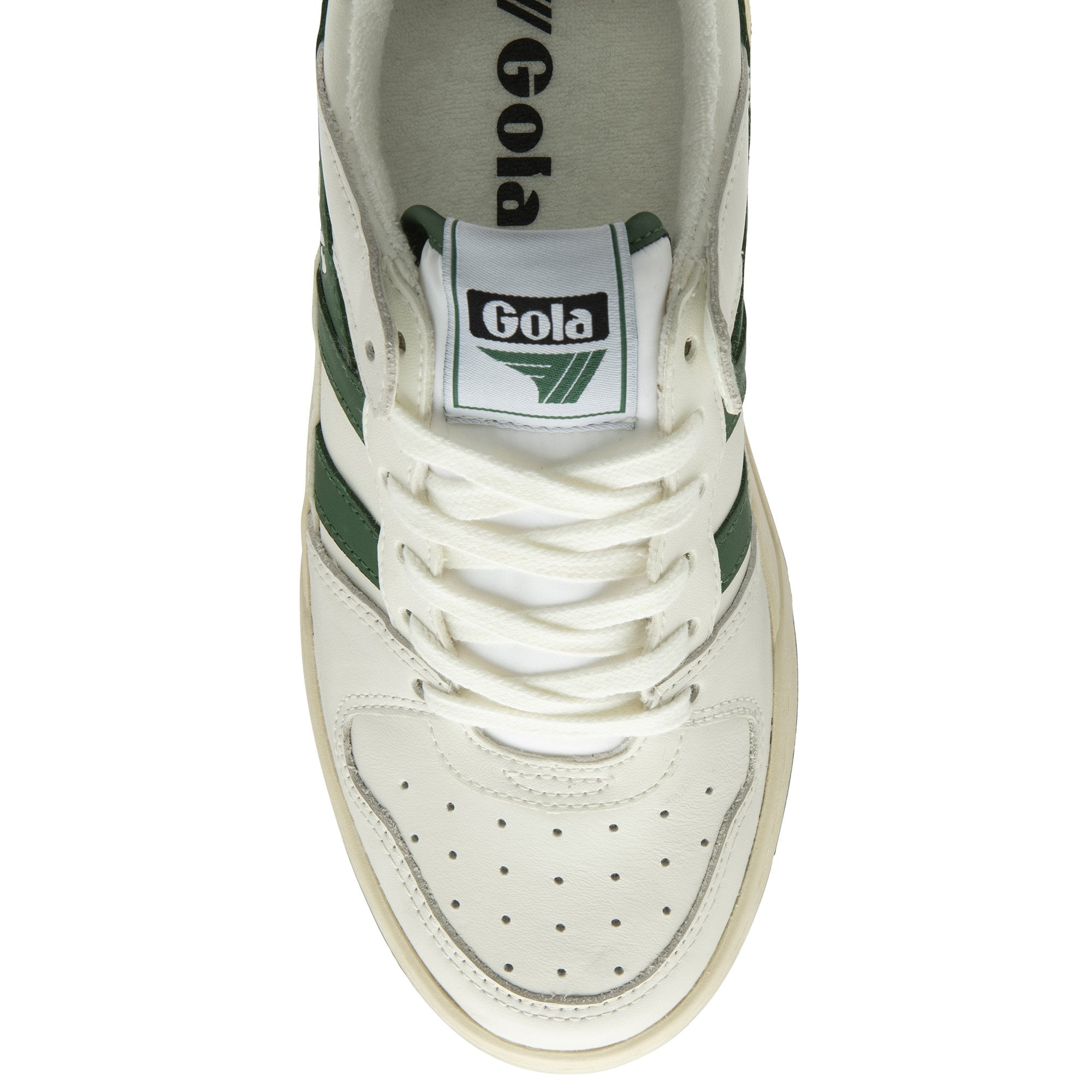 A top-down view of a white and green Gola sneaker, highlighting the laces and tongue.