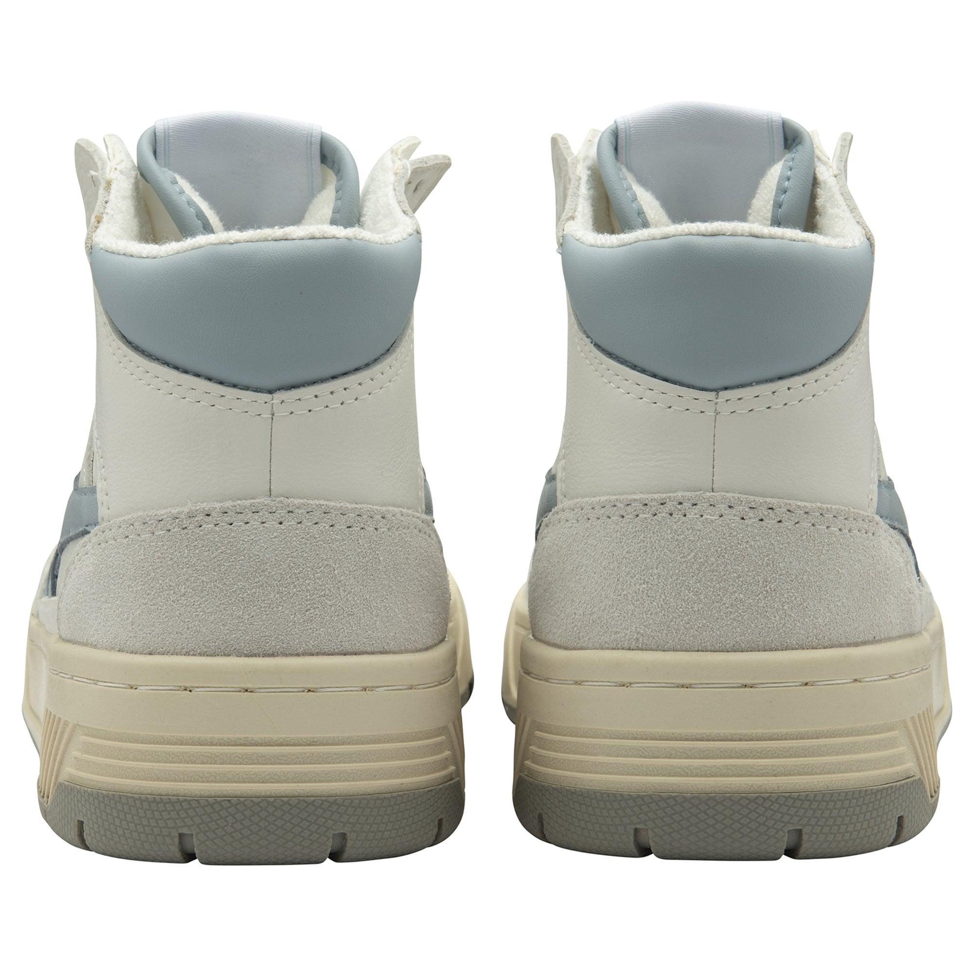 Back view of a pair of Gola women's high top trainers in white with pale blue accents.