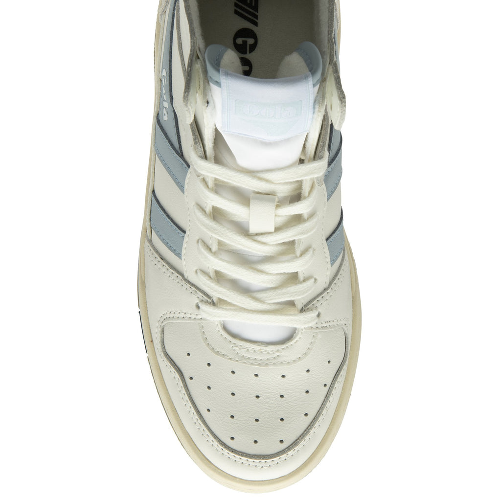 Top down view of a Gola women's high top trainer in white with pale blue accents.