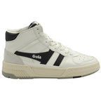 Side profile of a white Gola high-top sneaker with black stripes.