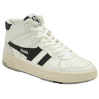 Angled view of a white Gola high-top sneaker with black stripes and laces.