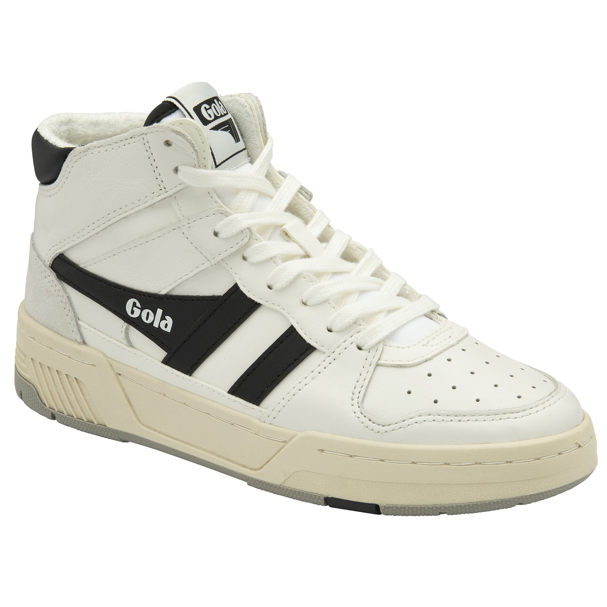 Angled view of a white Gola high-top sneaker with black stripes and laces.