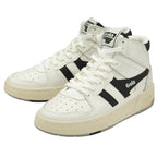 Pair of white Gola high-top sneakers with black stripes, side by side.