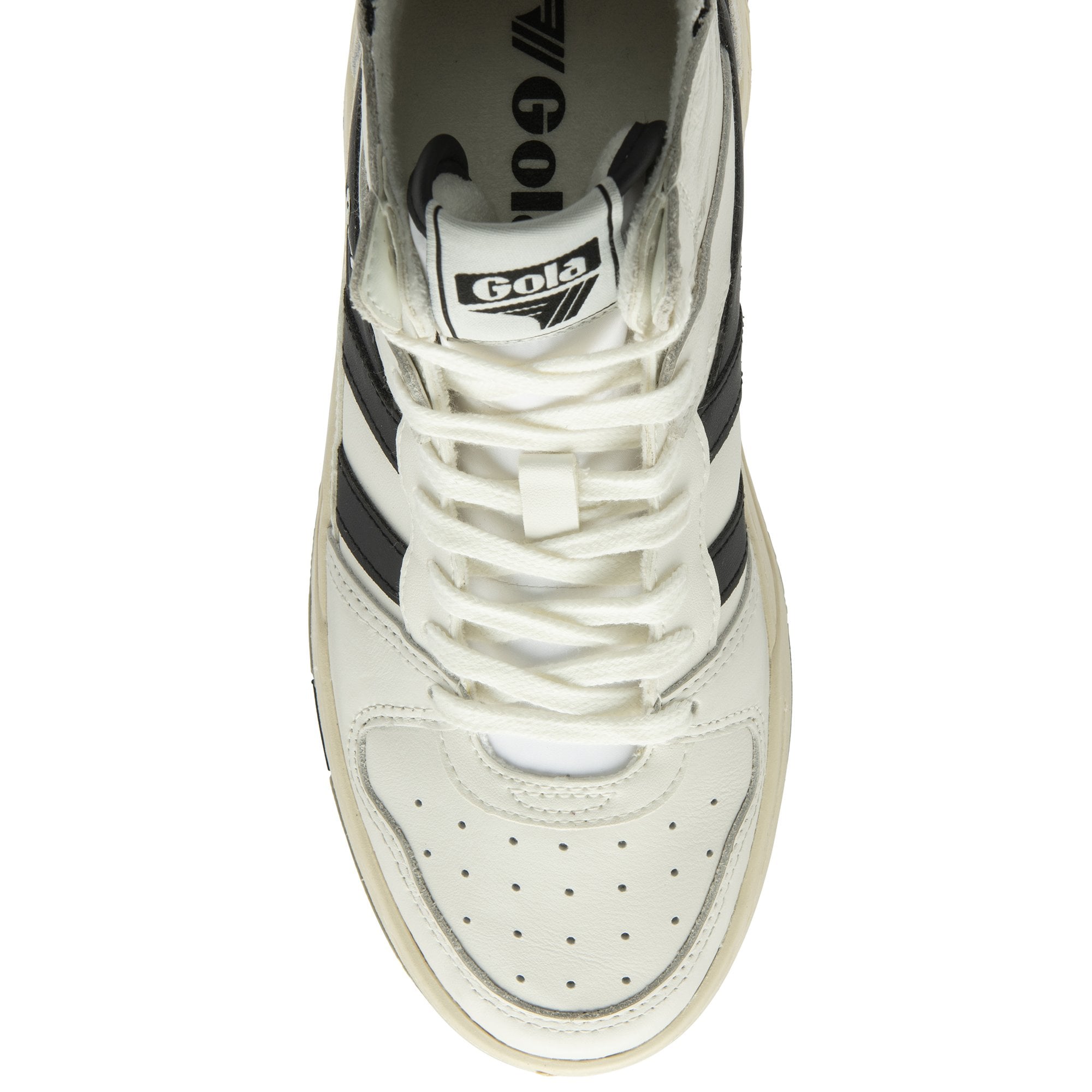 Top-down view of a white Gola high-top sneaker with black stripes.