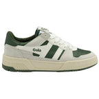 Side profile of a Gola men's shoe in off-white and green.