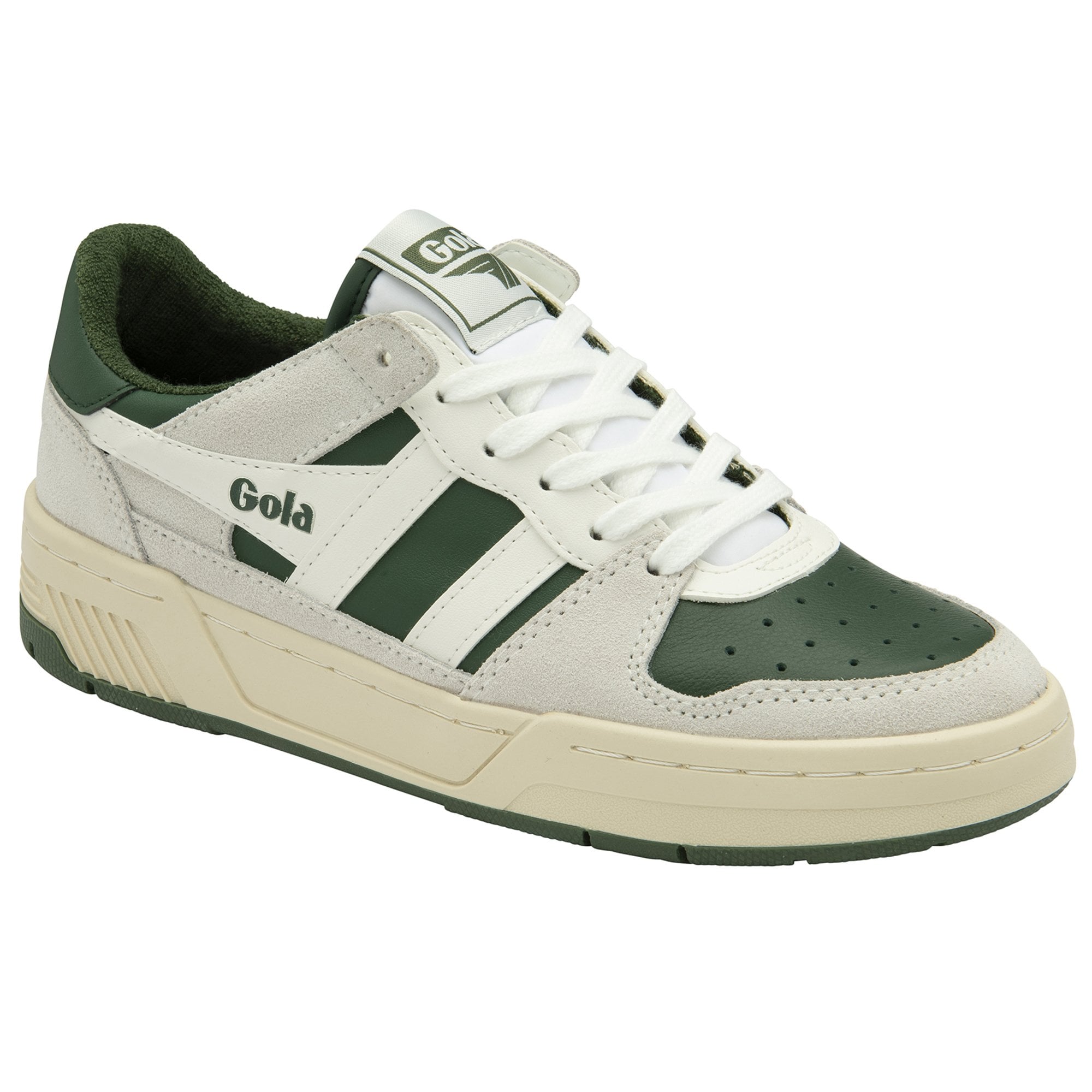Side view of a Gola men's shoe in off-white and green.