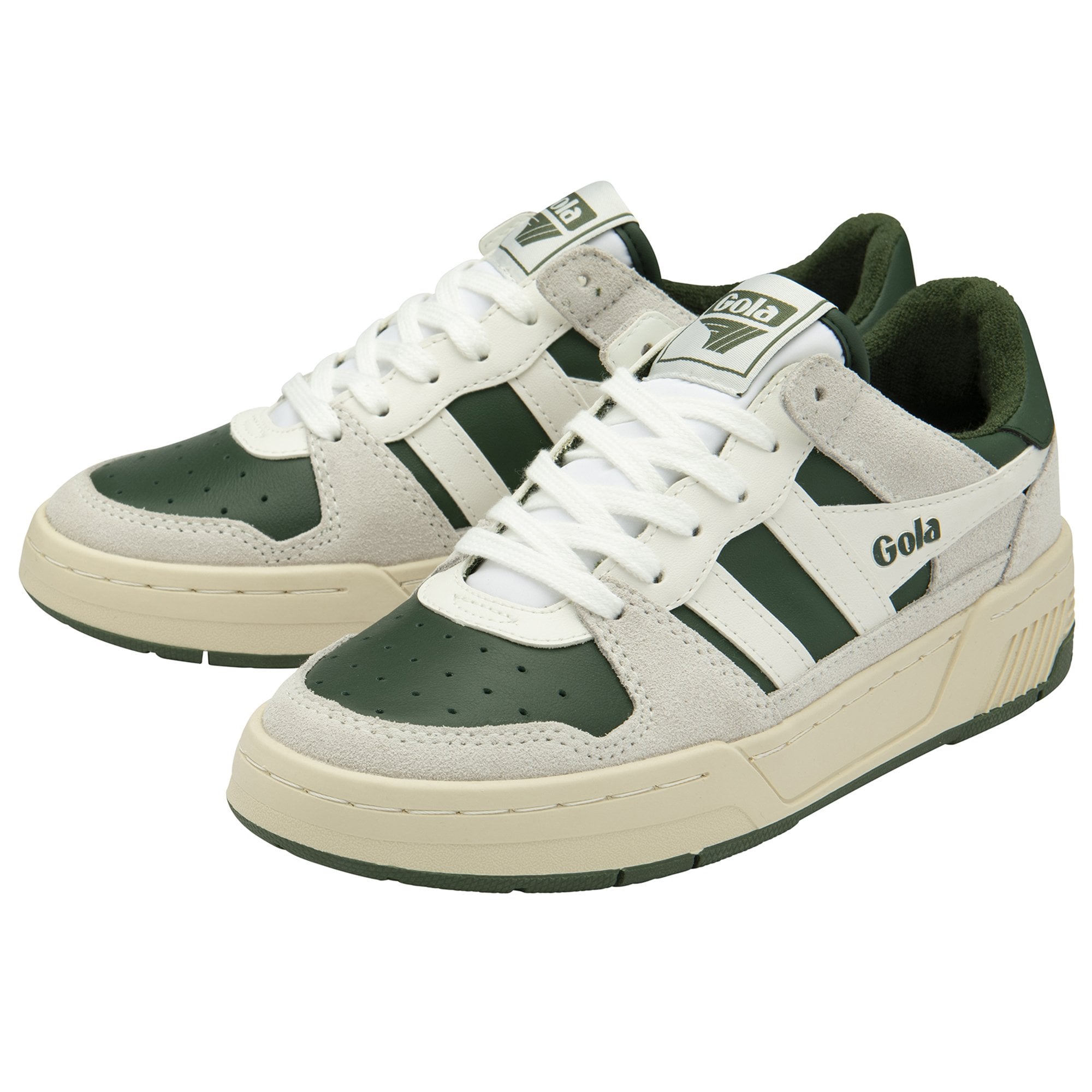 Pair of Gola men's shoes in off-white and green, front angled view.