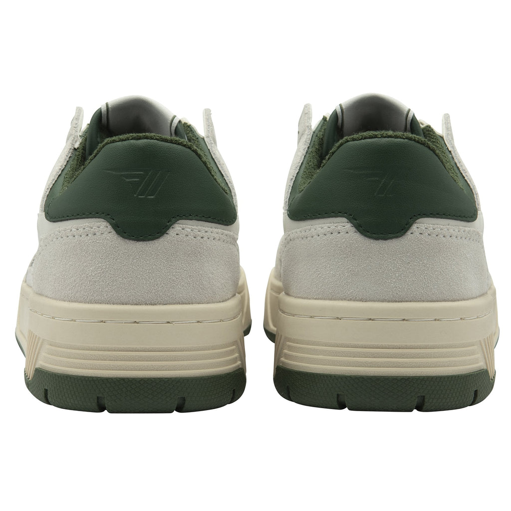 Rear view of two Gola men's shoes in off-white and green.