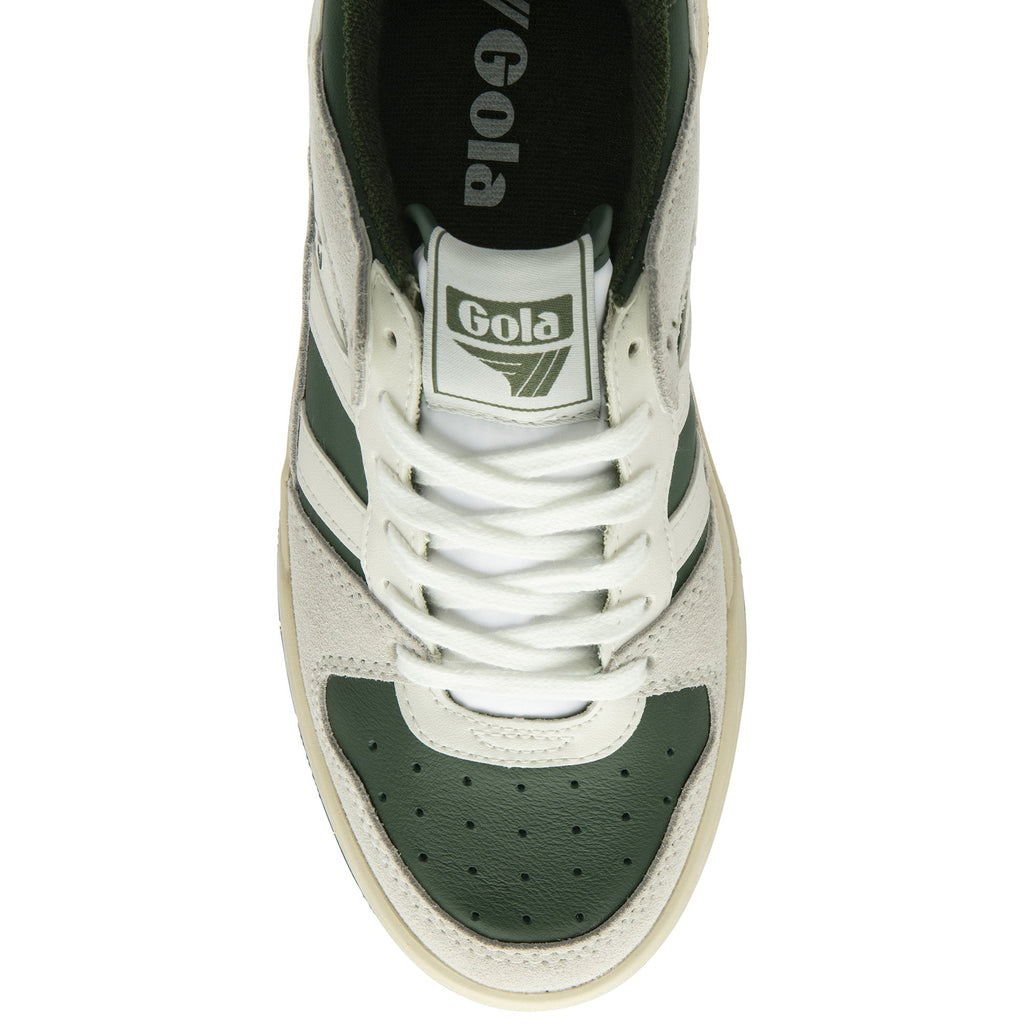 Top-down view of a Gola men's shoe in off-white and green.