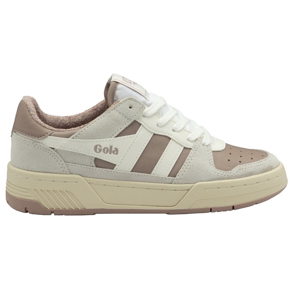 Side profile of a Gola shoe with a taupe and white finish.