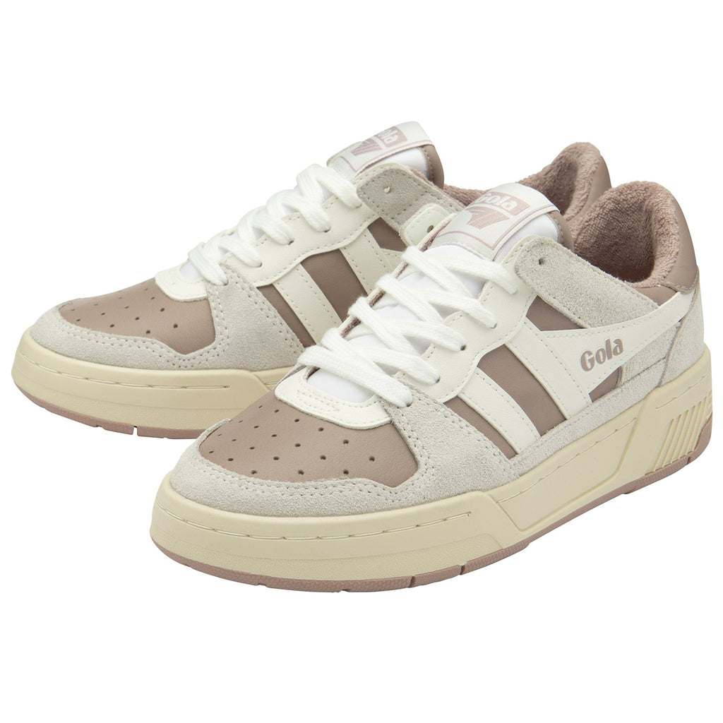 Pair of Gola shoes with a taupe and white finish from a side angle.