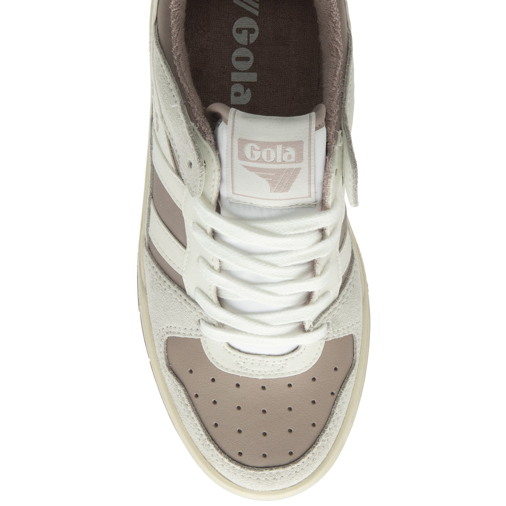 Top down view of a Gola shoe with a taupe and white finish.